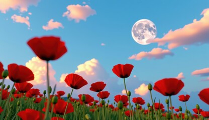 Obraz premium Red poppies sway in a vibrant field under a bright moonlit sky with fluffy clouds at dusk