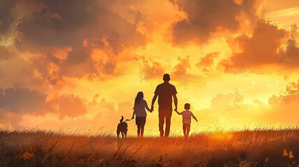 A joyful family with children and a dog enjoys an evening stroll at sunset, with warm hues creating a perfect backdrop for their bonding experience.