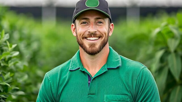 Agronomist with Vaccinium Caesariense in Organic Plantation Smiling Amidst Lush Greenery in Vibrant Rural Landscape