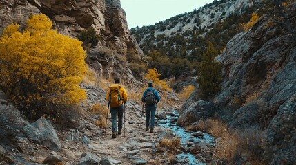 A diverse group of friends navigates a rocky mountain trail, engaging in conversation and showcasing their adventurous spirit with backpacks and hiking gear.