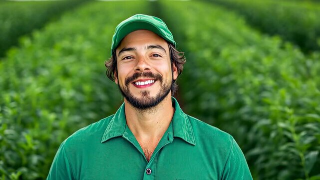 Smiling Agronomist at Organic Vaccinium Cesariense Plantation in Vibrant Green Farm Landscape with Healthy Crops and Sustainable Agricultural Practices in Countryside Setting