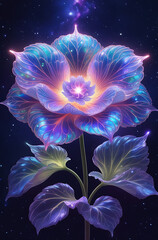 Cosmic begonia flower with luminescent blue petals and golden veins against a starry backdrop. Created with generated AI.