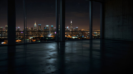 Foreground: dark concrete floor; background: nighttime city skyline