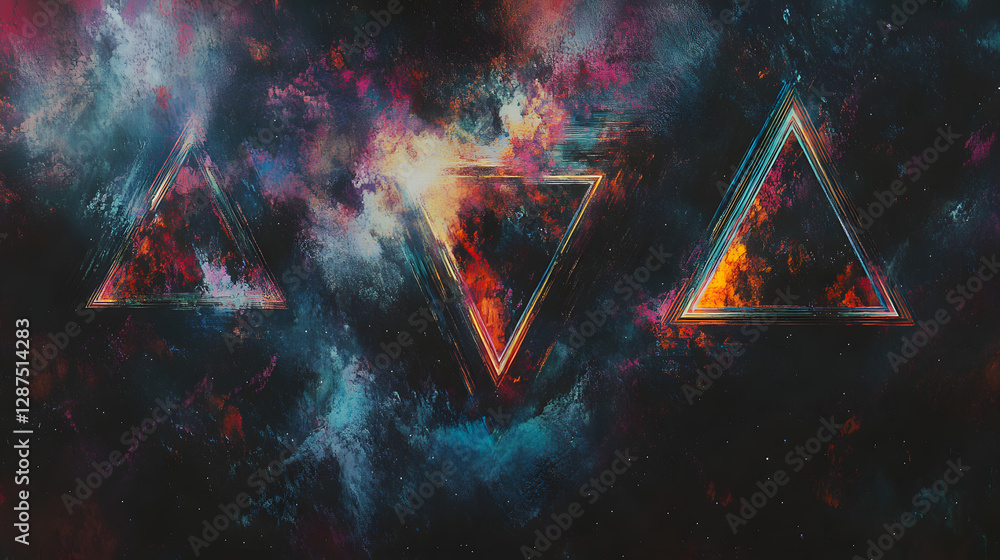Poster triangle shape with nebula background on dark surface in a cosmic space illustration