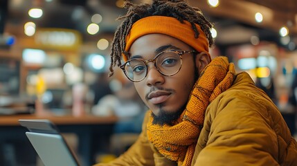 Obraz premium Young man, cafe, focused, modern