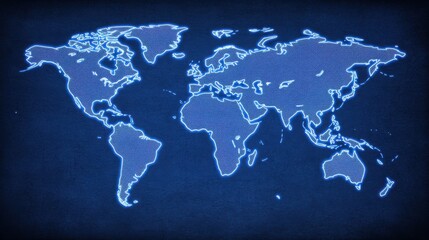 Naklejka premium A digital illustration of a world map displayed in a glowing blue outline against a dark background, emphasizing geographical shapes and contours.