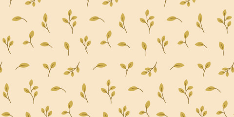 Spring seamless pattern with leaves and branches. Botanical summer elements cottagecore pattern. Vector background with plants for scrapbooking, textiles.