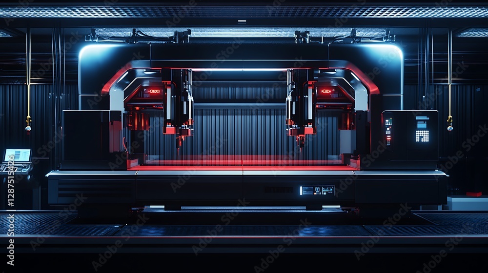 Poster automated industrial machine with red lights in dark factory setting