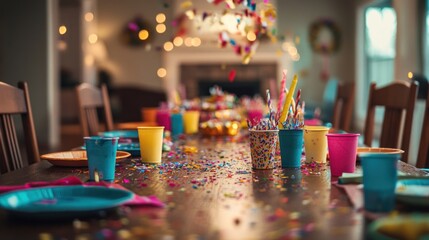 A wide-angle view of a birthday party table with plates, cups, napkins, and colorful decorations like confetti, captured with soft, even lighting for a warm, inviting atmosphere 