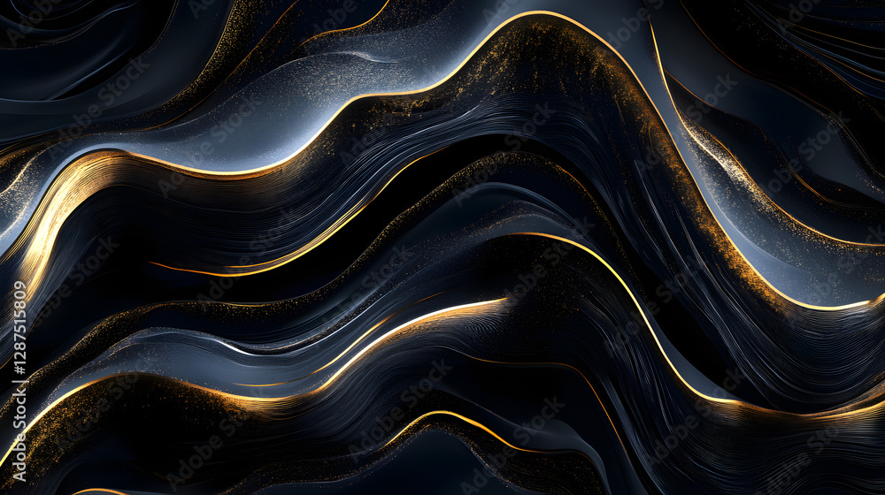 Poster black and gold abstract background featuring wavy lines and smooth gradients for design and creative