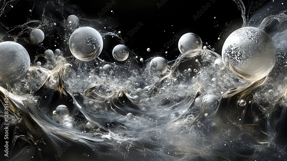 Poster black and white background filled with numerous bubbles creating a textured abstract pattern