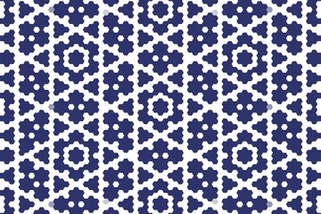 Hexagonal floral pattern in midnight blue, designed with geometric hexa tile mosaic for a seamless abstract layout. Digital concept