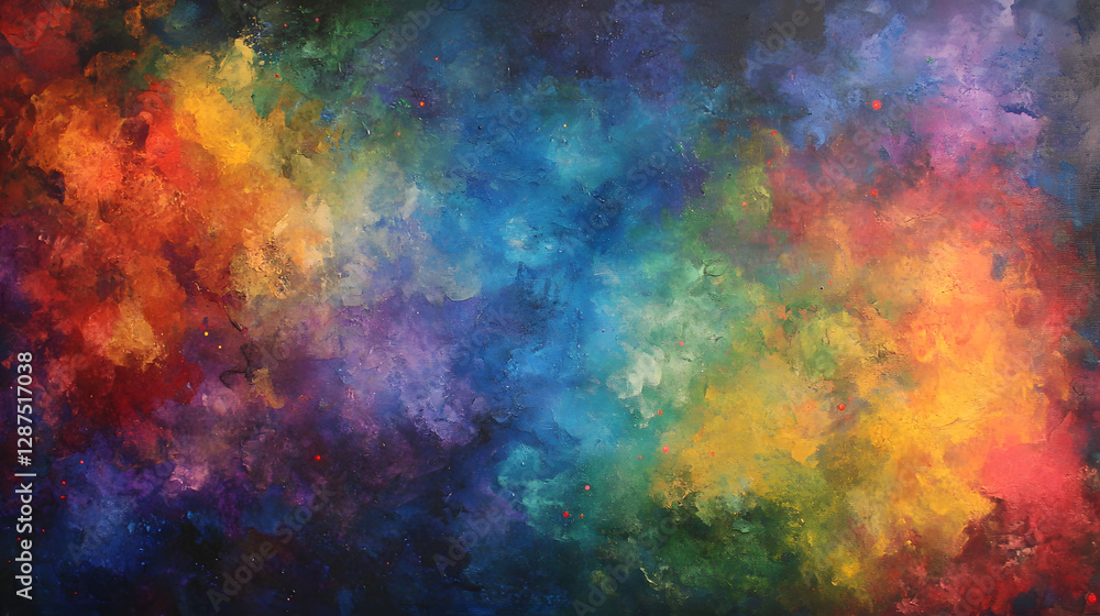 Poster colorful abstract painting featuring vibrant swirls and shapes in a dynamic composition on canvas