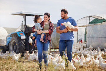Parents, child and chicken on farm outdoor of agriculture education, animal care and food...