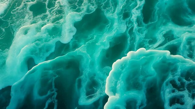 The mesmerizing transition from deep emerald to crystal clear waters showcases the beauty of ocean waves crashing and swirling under the sunlight in a tropical paradise