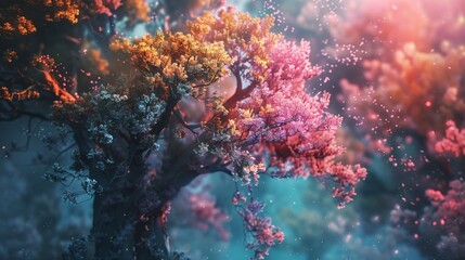 Enchanted Blossoms: A Vibrant Tree Bathed in Ethereal Light with Blossoms in Various Hues