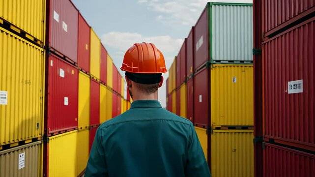 Back view of a worker wearing an orange hard hat and teal shirt standing between rows of red and yellow shipping containers under a clear sky Logistics and industrial work transportation trade design