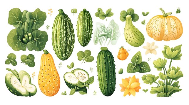 A beautifully crafted flat vector icon set of rare and exotic vegetables, including bitter melon, winged beans, chayote, and snake gourd. A harmonious blend of organic shapes and pastel tones.