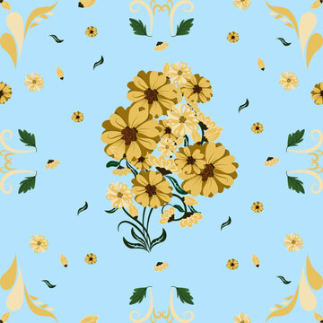 Yellow bouquet on light blue background with summer. Designes for buatiful fabrics wallpaper,curtains,bed sheets,blankets,peeling pillows.