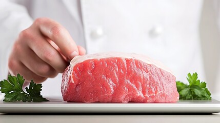 Fresh Red Meat Cut with Hand and Green Garnish on White Plate
