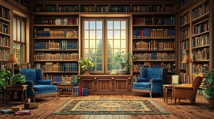 Cozy reading nook with wooden furniture, large windows, and bookshelves filled with literature
