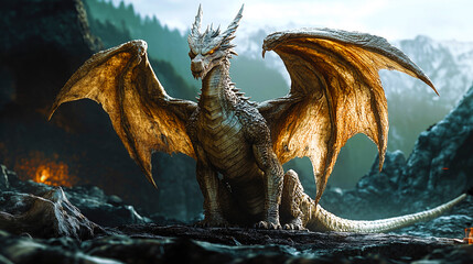A majestic golden dragon resting in a rocky mountain landscape.