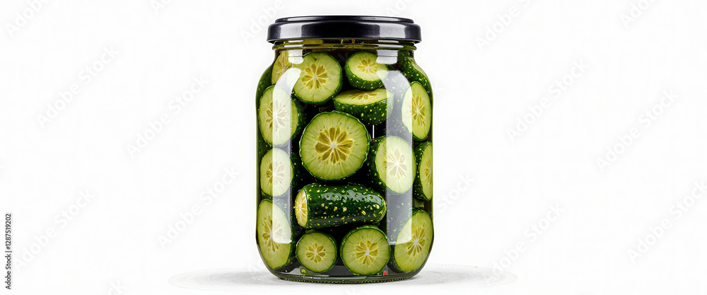 Poster jars of pickles with cucumbers in them. the jars are all different sizes. the jars are on a white ba