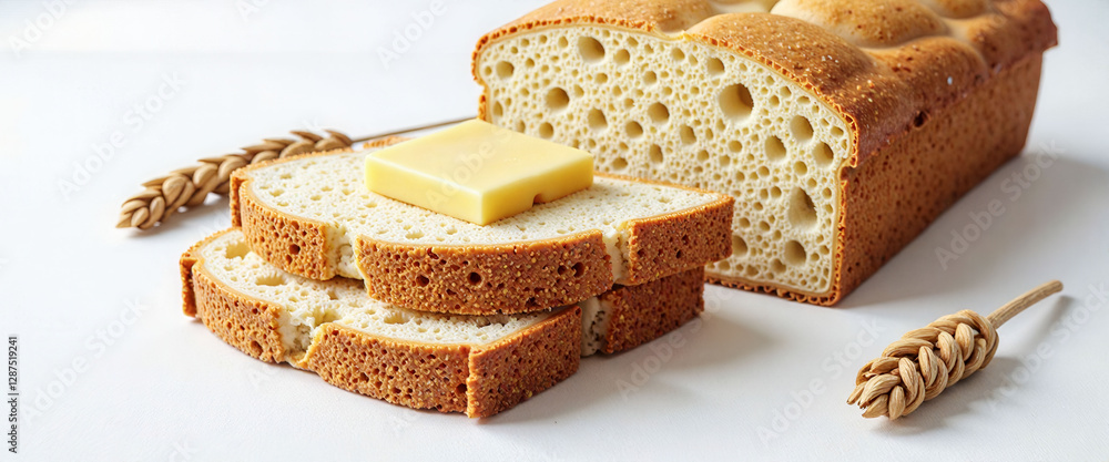 Poster a slice of bread with a piece of butter on top. the bread is open and the butter is spread out