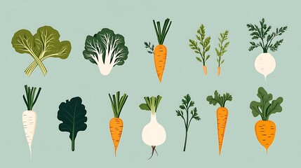 A creative and minimalistic flat vector icon set of farm-fresh root vegetables, including carrots, daikon, and parsnips. A fresh and organic aesthetic with a simple yet elegant color scheme.