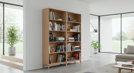 Fototapeta premium Modern Interior with Wooden Bookcase and Books in Bright Living Room