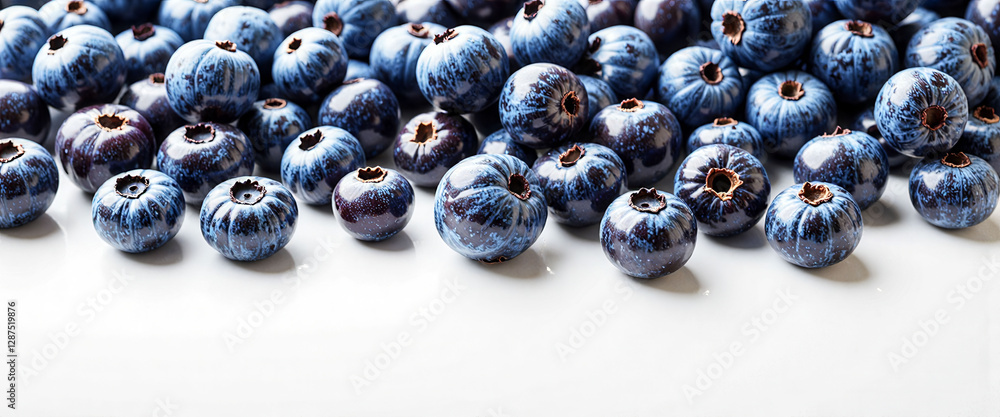 Poster a bunch of blueberries are spread out on a white background. the blueberries are small and round, an