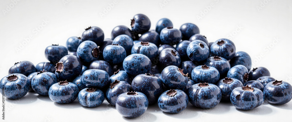 Poster a bunch of blueberries are spread out on a white background. the blueberries are small and round, an