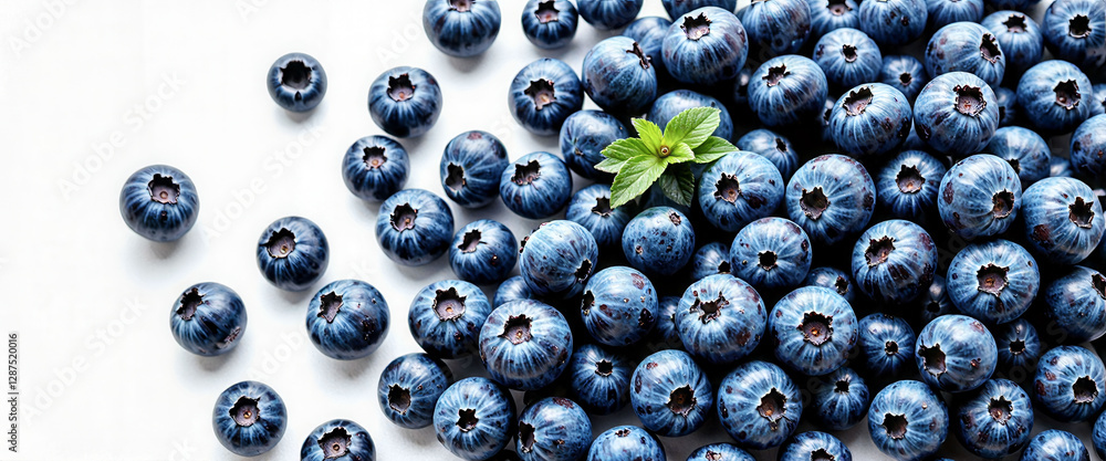Poster a bunch of blueberries are spread out on a white background. the blueberries are small and round, an