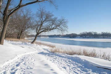 Obraz premium Snowy path winds beside a frozen river, trees stand bare under a clear sky. Perfect for winter, nature, and tranquility themes.