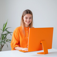 A woman is sitting at a desk with an orange computer monitor in front of her