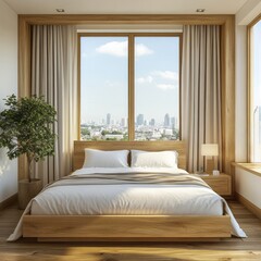 Bright bedroom features wooden bed frame and cityscape backdrop