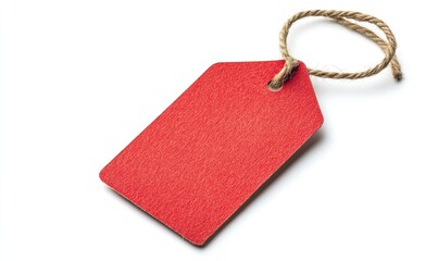 Red Empty Price Tag with String, Isolated on White Background, Sale and Discount Concept