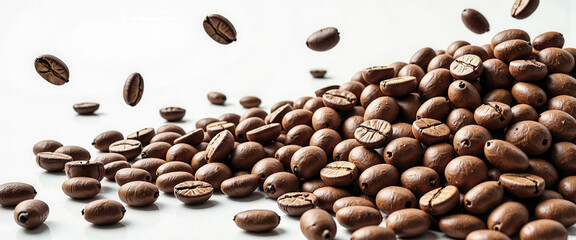 Obraz premium A close up of coffee beans on a white background. The beans are scattered in a way that they look like they are falling from the sky. Concept of calmness and relaxation