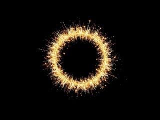 Fototapeta premium Golden glitter circle with sparkles and shimmering particles on black background, creating a magical and festive atmosphere, firework, spark particles, circle