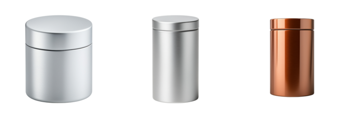 Minimal compact packaging. Three cylindrical containers in varying metallic finishes: silver, gray, and copper, each with a seamless lid and polished surface.