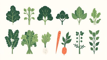 A nature-inspired flat design of fresh vegetable icons, including farm-to-table greens like kale, artichokes, and peas. Minimalist vector style with soft earth tones for a healthy lifestyle aesthetic.