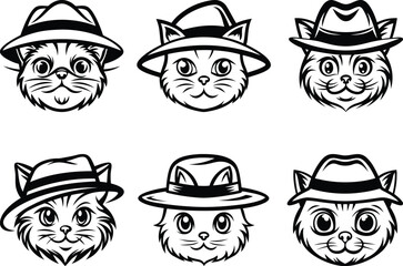 Cute cat face wearing a cap line art vector, Black color Cute cat face wearing a cap silhouette vector illustration set, Cute cat face wearing a cap vector icon design