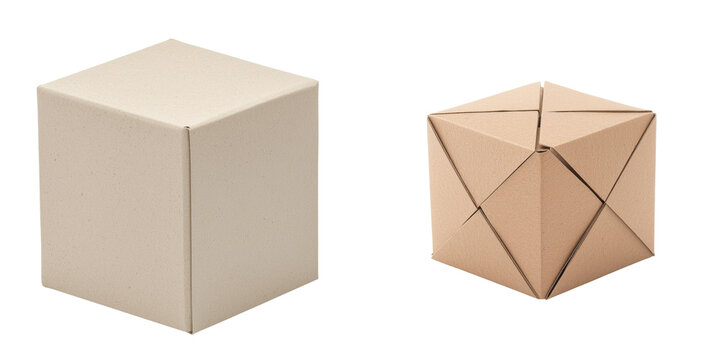 Minimal compact packaging. Two geometric shapes: a plain cube and a textured decahedron, showcasing different designs and surfaces.