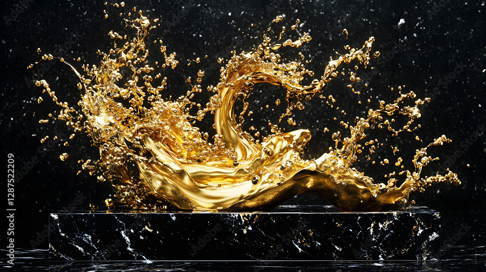 Aufkleber gold splash on a black surface creating an abstract artistic background texture