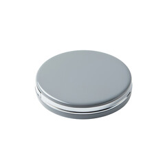 Minimal compact packaging. A smooth, round gray tin with a subtle metallic sheen, featuring a straightforward design.