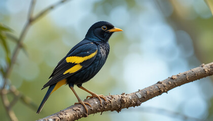 Naklejka premium A vibrant Myna bird perched on a tree branch, showcasing its yellow wing patches and distinctive black plumage, generative ai