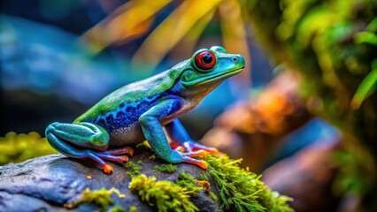 Obraz premium Vibrant Amphibian Perched on Mossy Rock, showcasing iridescent skin and striking red eyes in a lush, natural habitat.