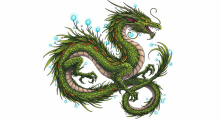 Obraz premium A green mythical dragon coils against a plain white background