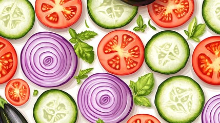A seamless pattern of sliced vegetables, featuring fresh cross-sections of eggplants, cucumbers, onions, and tomatoes. A clean and modern flat vector style,