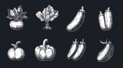 A sleek monochrome vegetable icon collection, hand-drawn in a minimal flat style. Featuring tomatoes, peppers, cucumbers, and lettuce with bold outlines and a high-contrast aesthetic.
